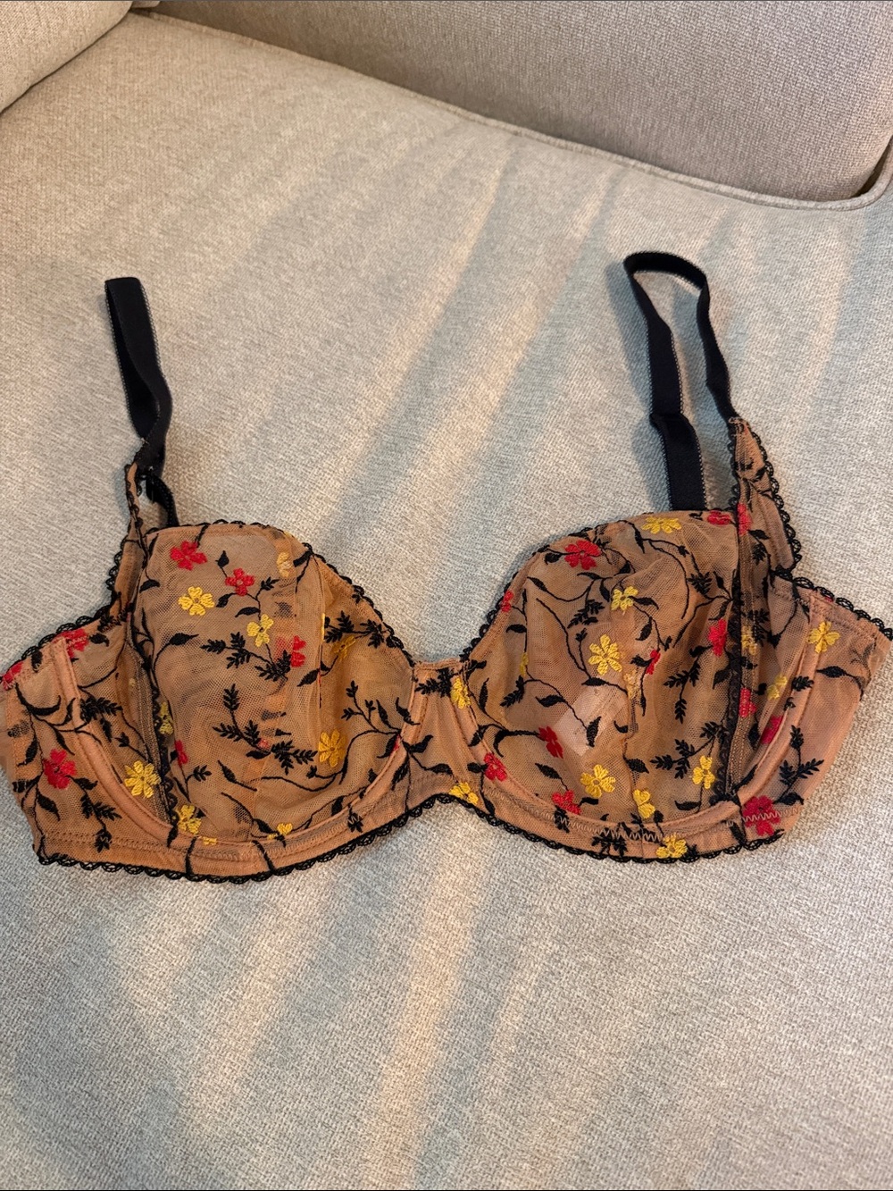 Sheer Embroidered Sheer Balcony Bra - Tan with Red & Yellow Floral 34DD